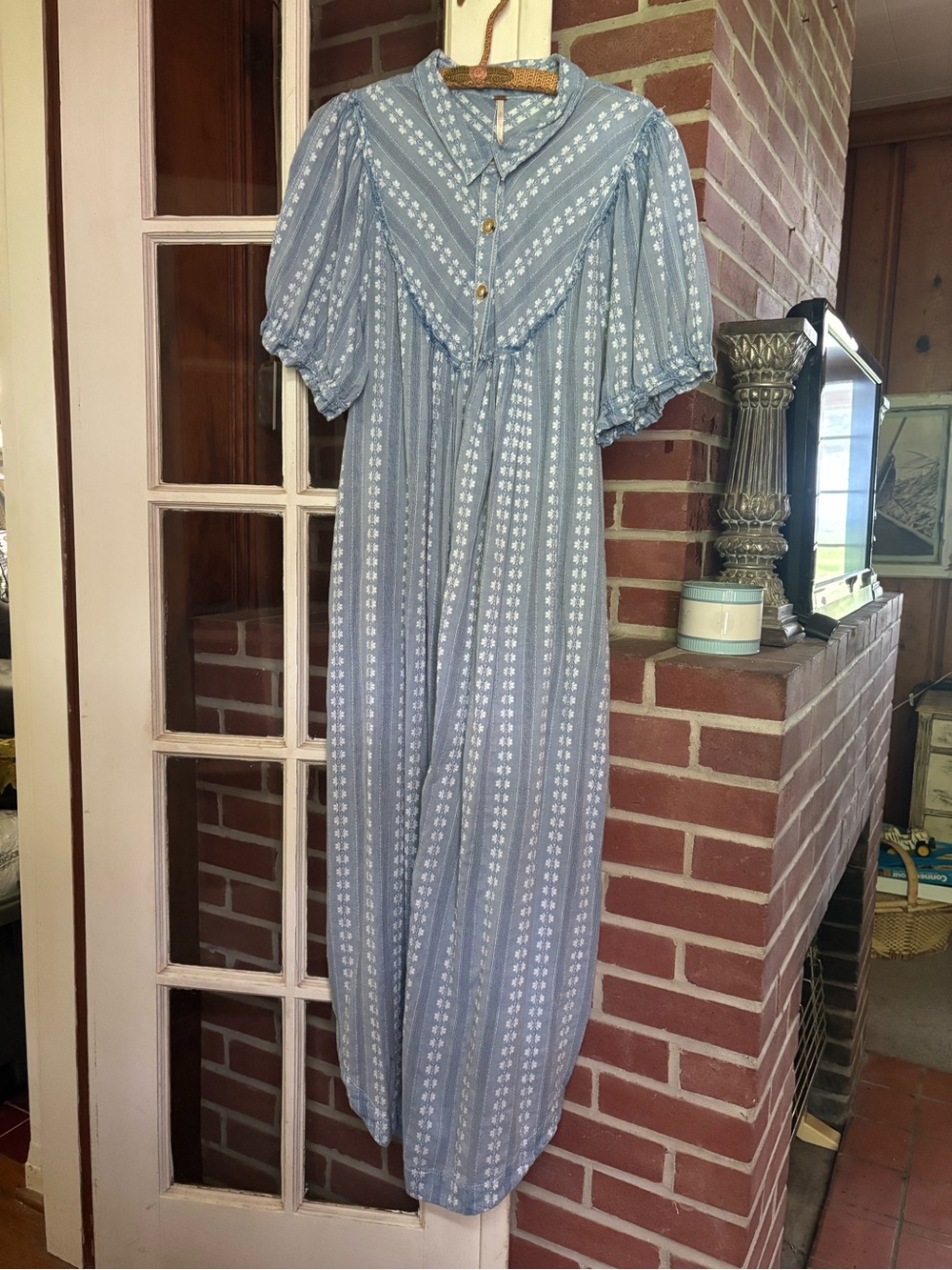 Free People long Chambray Blue Floral Button-Up Dress